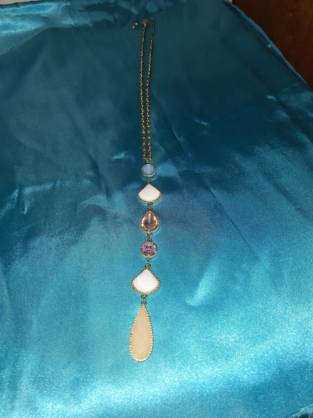 Gold-Tone Multi-Stone Pendant Necklace in White and Pink